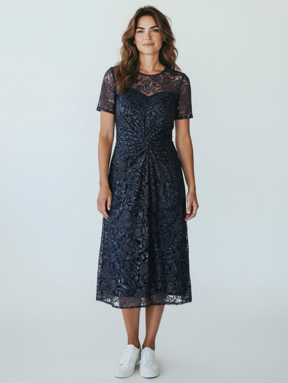 New MAGGY LONDON Navy Lace Midi Dress with Twist Front SIZE 8